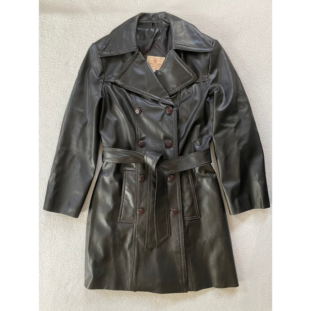 70s Vintage Faux Leather World Fashions Women 9/10 Trench Coat Brown Belted Dori